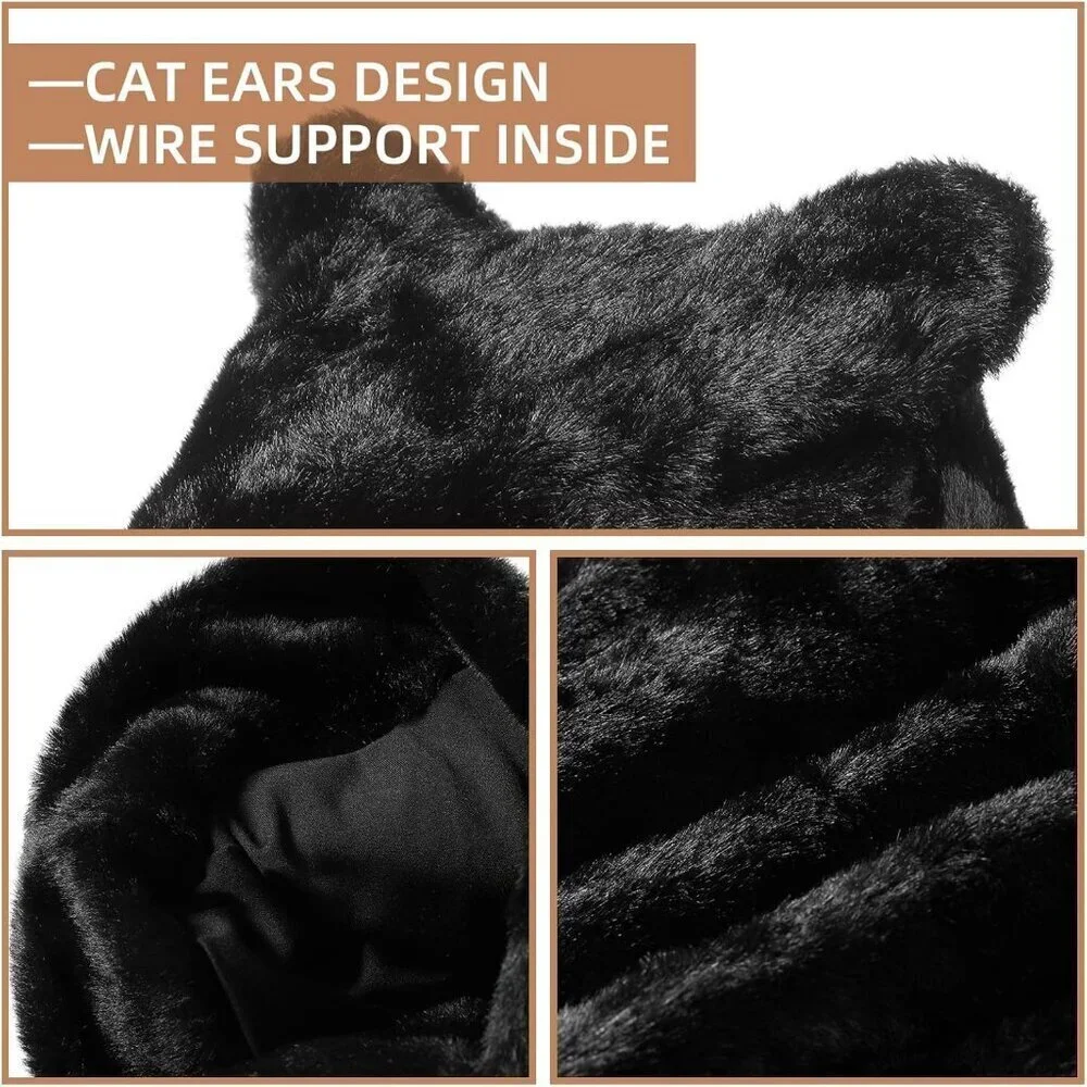Women's Black Winter Beanie Hat Cute Cat/Bear Ear Hat with Internal Support
